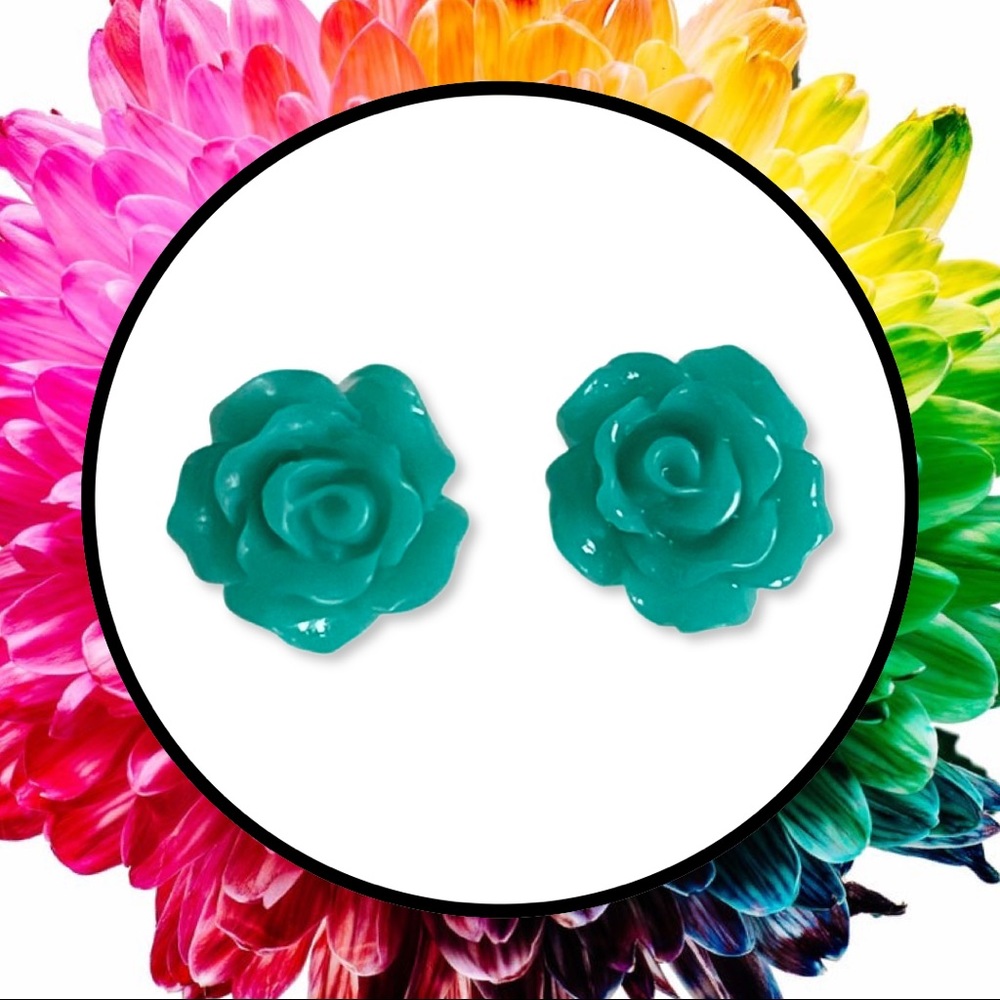 Blue Green Flower Stud Earrings